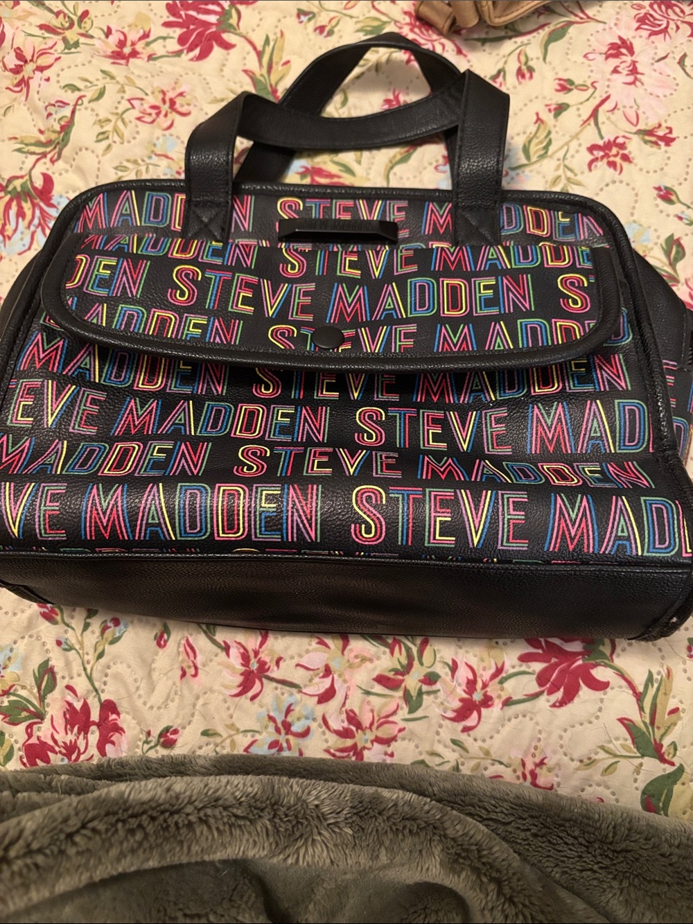 Steve Madden Black Laptop Bag with Multicolor Logo Print